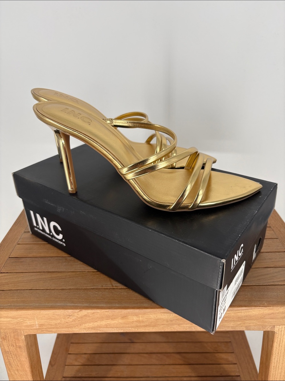 New INC International Concepts Metallic Gold Multi-Strap Pointed Mule Heels 10M - Picture 2 of 6